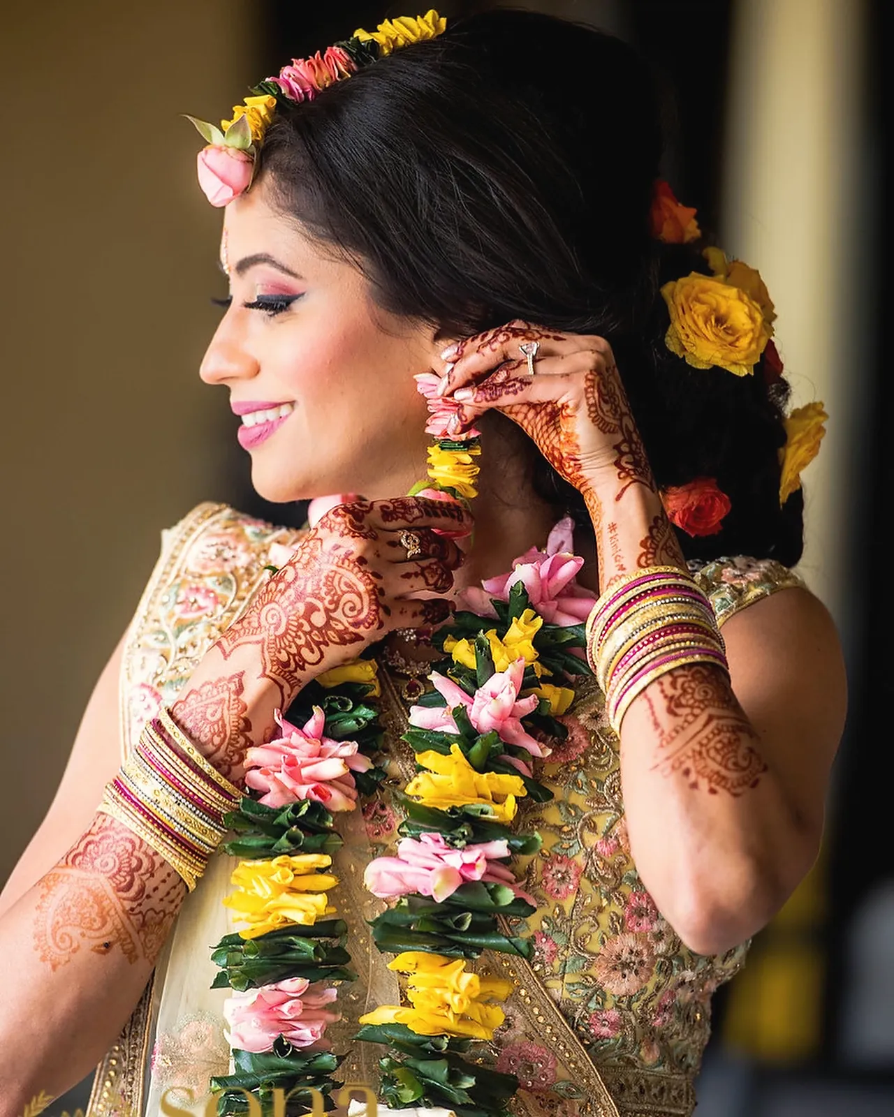 Bride with a floral garland