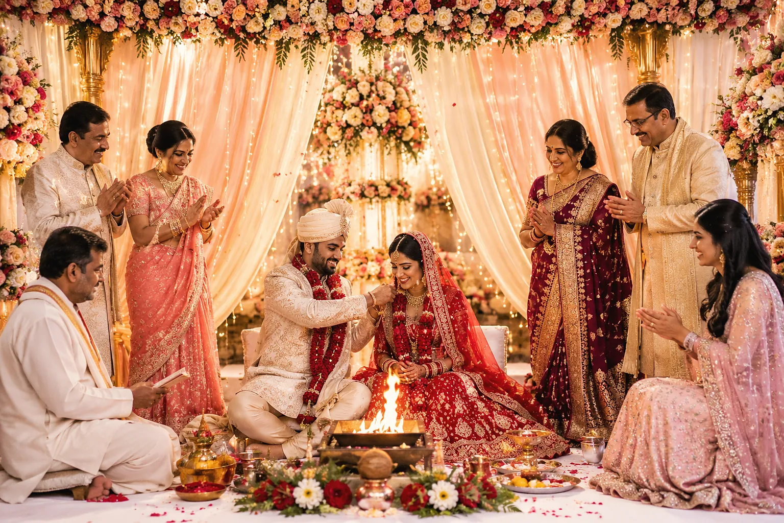 Wedding ceremony under a floral mandap